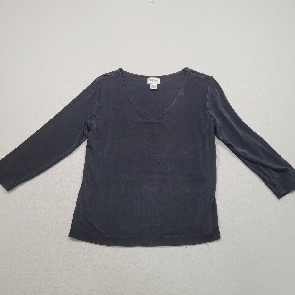 Chicos Travelers Black V-Neck Long Sleeve Acetate Spandex Top Size 1  M Vacation